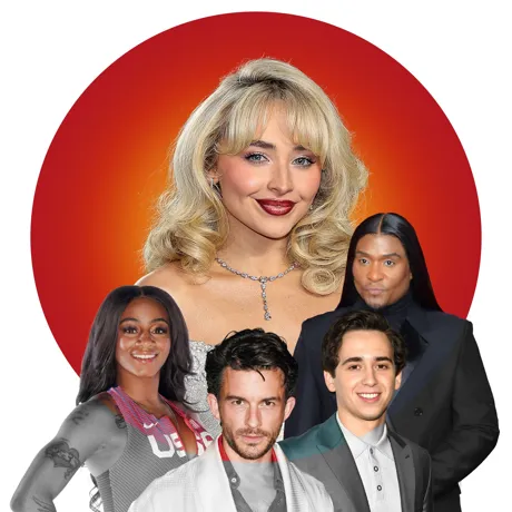 A digital collage for Madame Tussauds Hot 100 features Sabrina Carpenter at the center, depicted in full color with glamorous blonde curls and a sparkling necklace. Surrounding her are Sha’Carri Richardson, Jonathan Bailey, Marcello Hernández, and Law Roach, shown in black and white. The bold red-orange circle in the background creates a striking contrast, highlighting these notable personalities featured in Madame Tussauds' Hot 100 list.